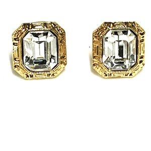 Goldtone Art Deco Style Octagonal Pierced Earrings with Clear Large Faceted Sets